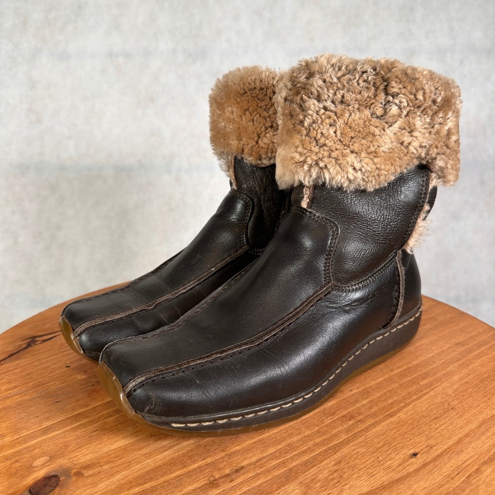 Polaris Ankle Boots Women Size 37 Brown Leather Good Faux Fur Trim Square Toe
